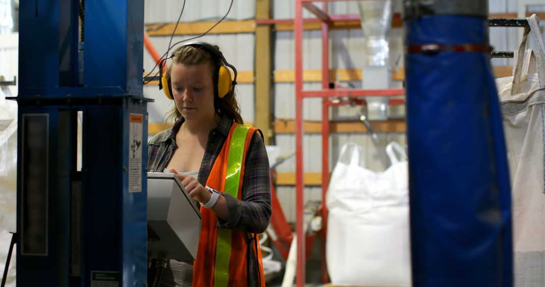 Female Factory Worker Operating Machinery with Safety Gear - Free Images, Stock Photos and Pictures on Pikwizard.com