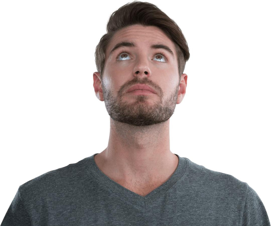 Young Man with Beard Looking Up in Grey Shirt on Transparent Background