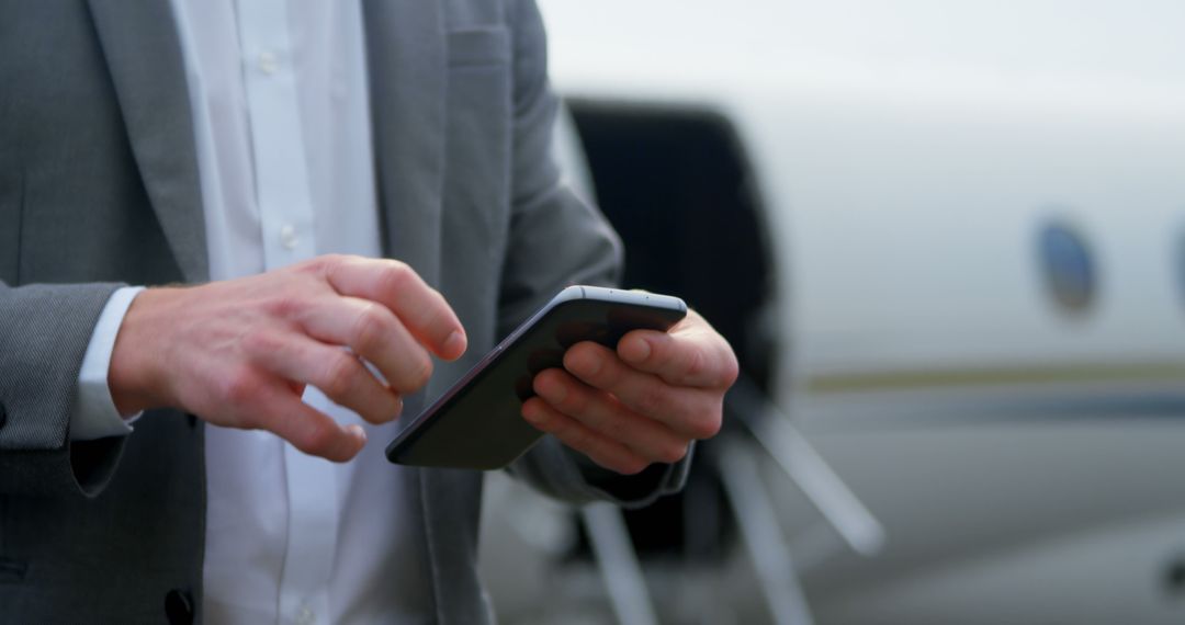Businessman Using Smartphone at Airport for Efficiency