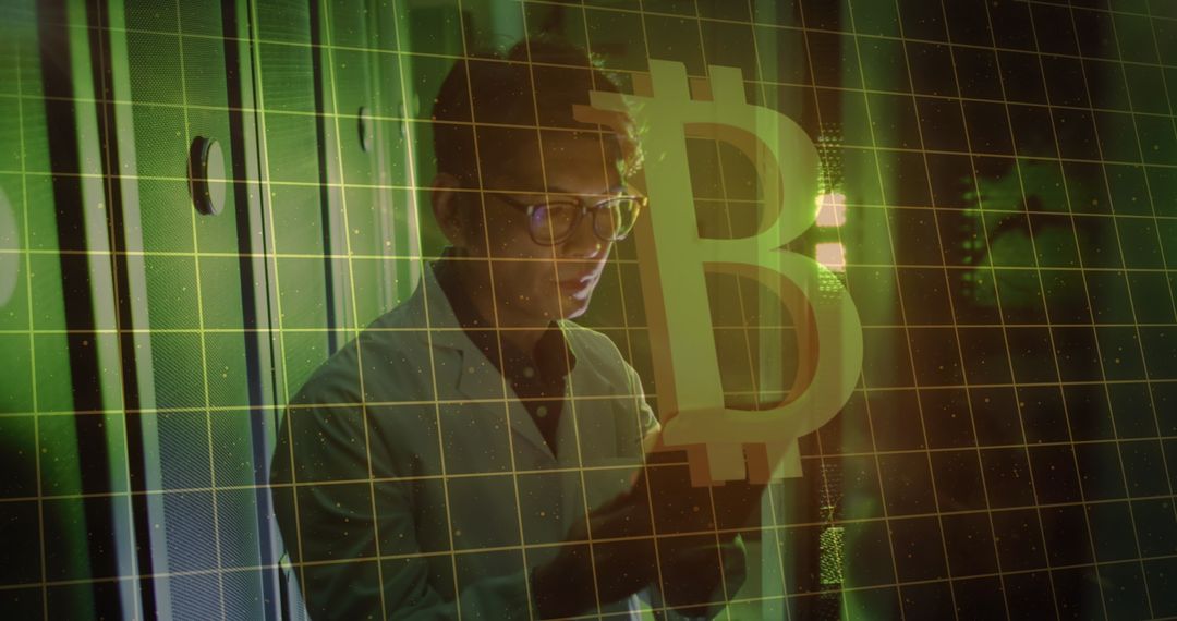 Technician Analyzing Bitcoin in a Futuristic Server Room