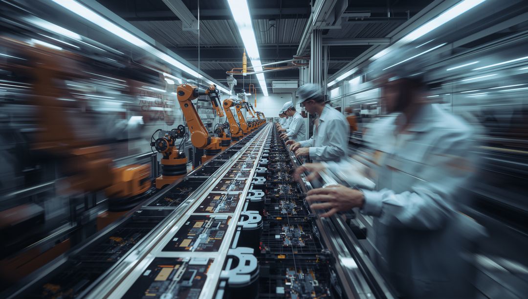 Technicians Collaborating with Robotic Arms in Modern Factory