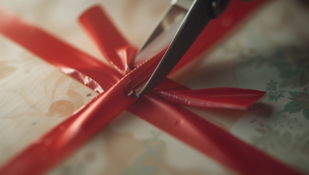 Close-Up of Scissors Cutting Red Ribbon on Gift Box