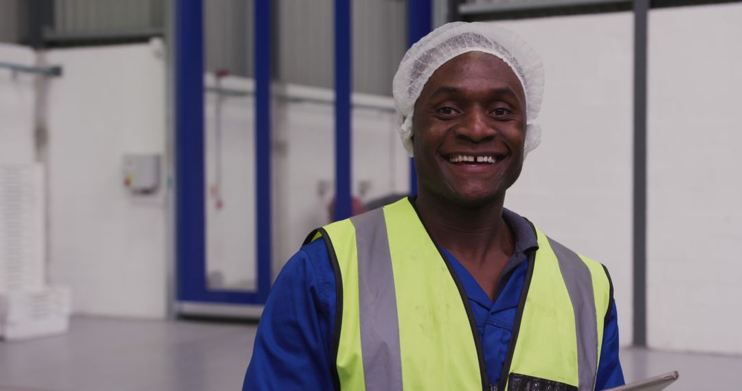 Smiling Male Factory Worker Wearing Safety Equipment in Industrial Environment - Free Images, Stock Photos and Pictures on Pikwizard.com