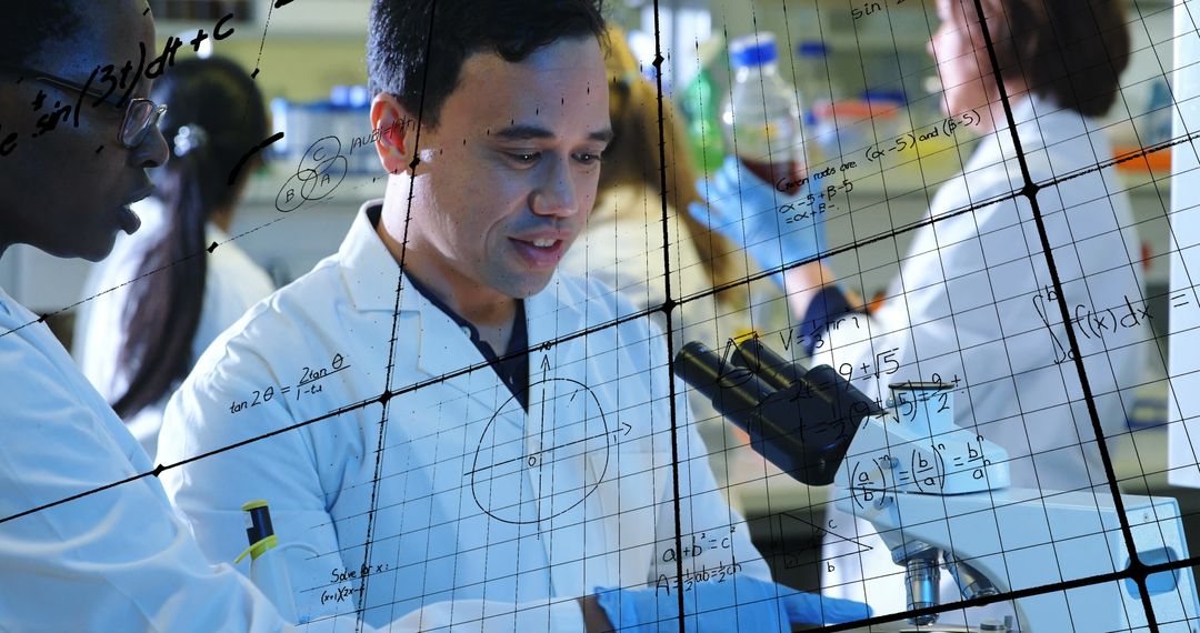 Diverse Scientists Collaborating in Laboratory with Equations Overlay