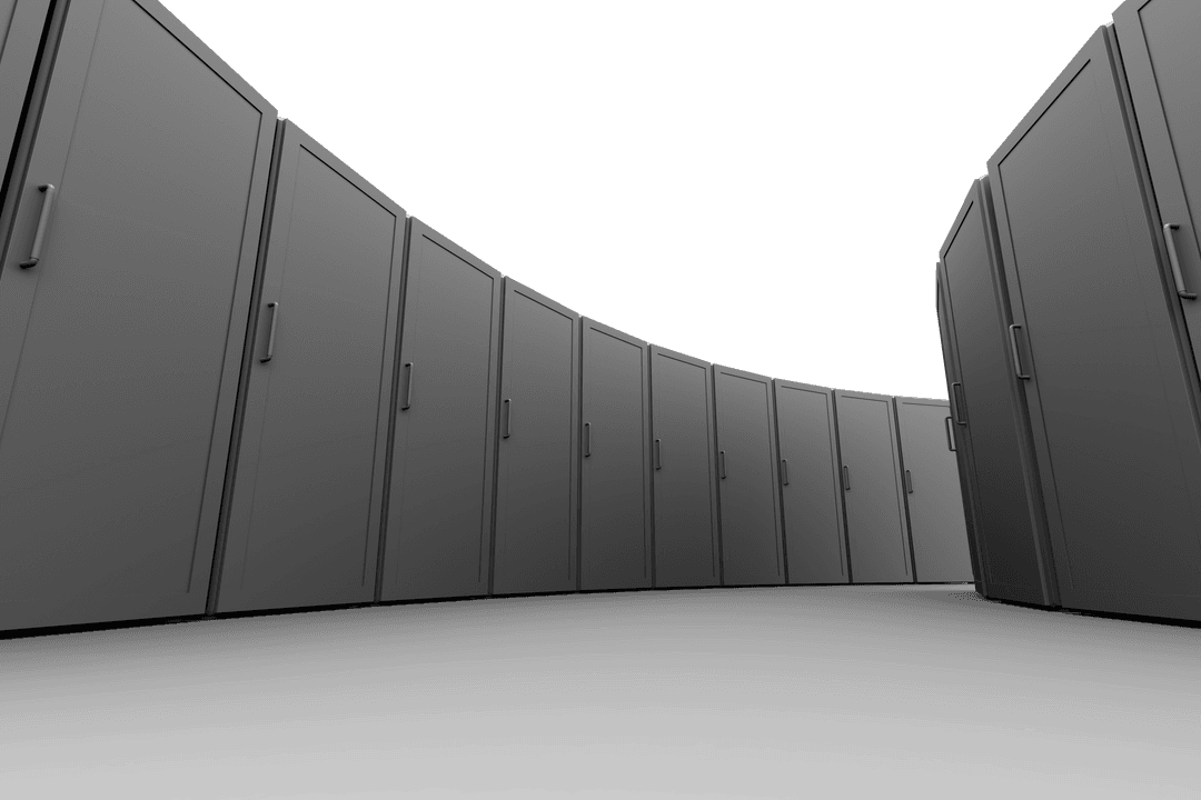 Row of Sleek Servers on Transparent Background, Modern Curved Environment