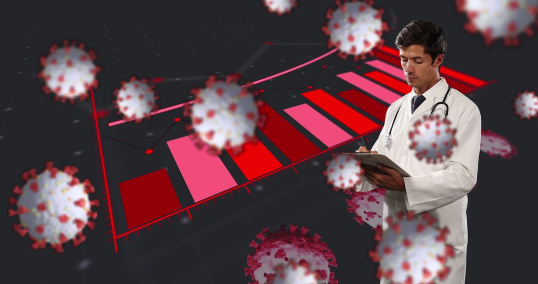 Doctor Analyzing COVID-19 Data with 3D Virus Visualization