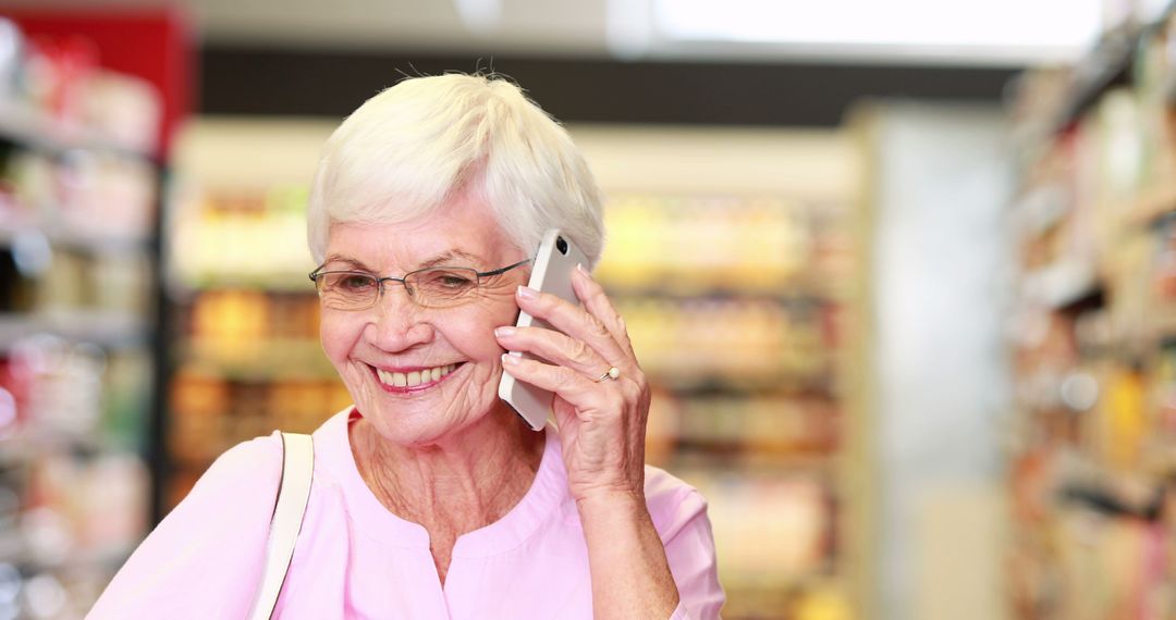 Senior Woman Smiling While Talking on Smartphone in Supermarket - Free Images, Stock Photos and Pictures on Pikwizard.com