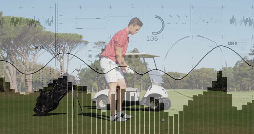 Golfer Swinging with Tech Overlay on Lush Golf Course