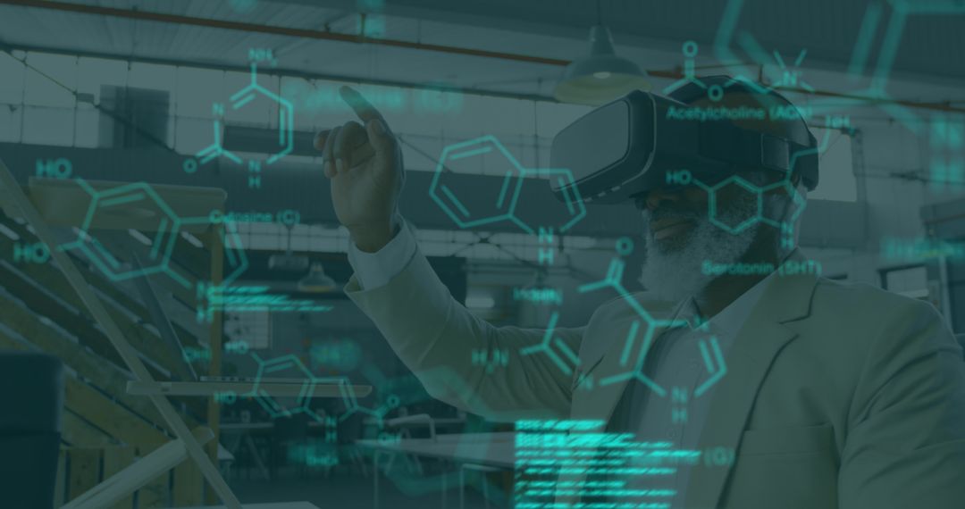 Senior Man Explores Virtual Reality with DNA Visualizations in Office