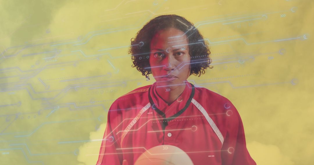 Volleyball Player Posing Against Futuristic Digital Background