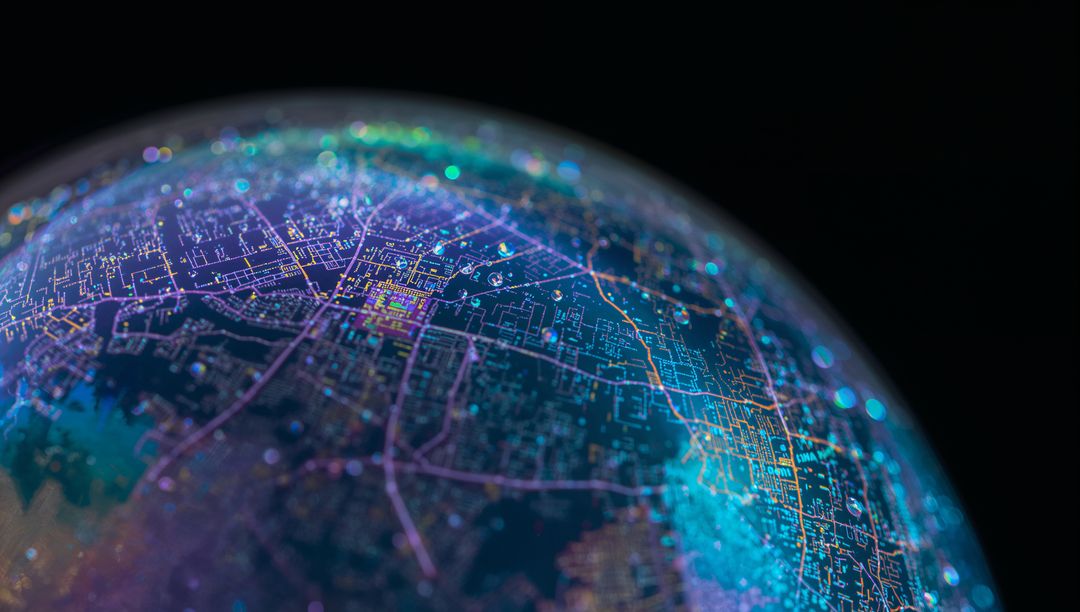 Glowing globe displaying neon city grid and data nodes over dark void holographic map