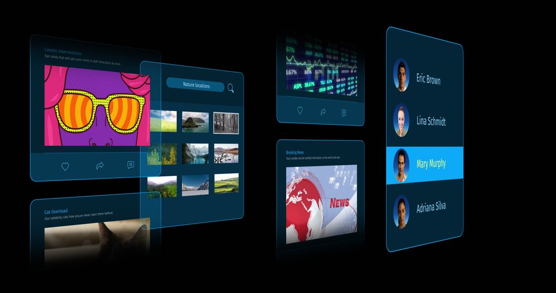 Digital Interface with Floating Social Media Posts and Profiles