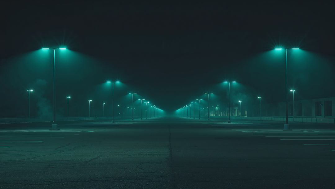 Casting Teal Light Over Empty Parking Lot with Symmetrical Streetlights and Vanishing Point