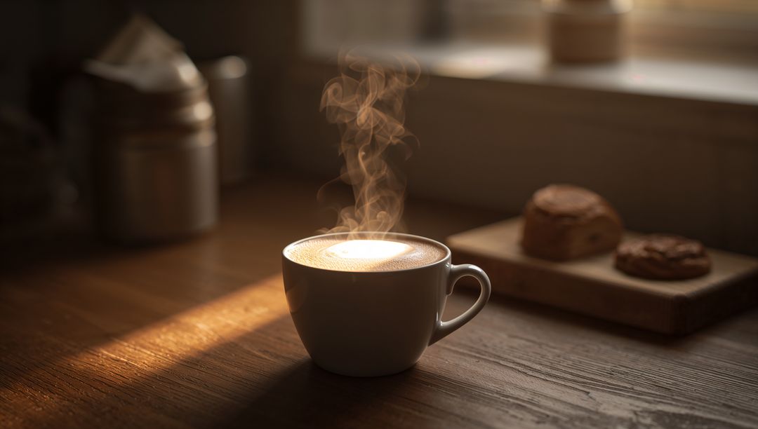 Warm morning latte steaming in white cup on wooden table with pastries and sunlit window