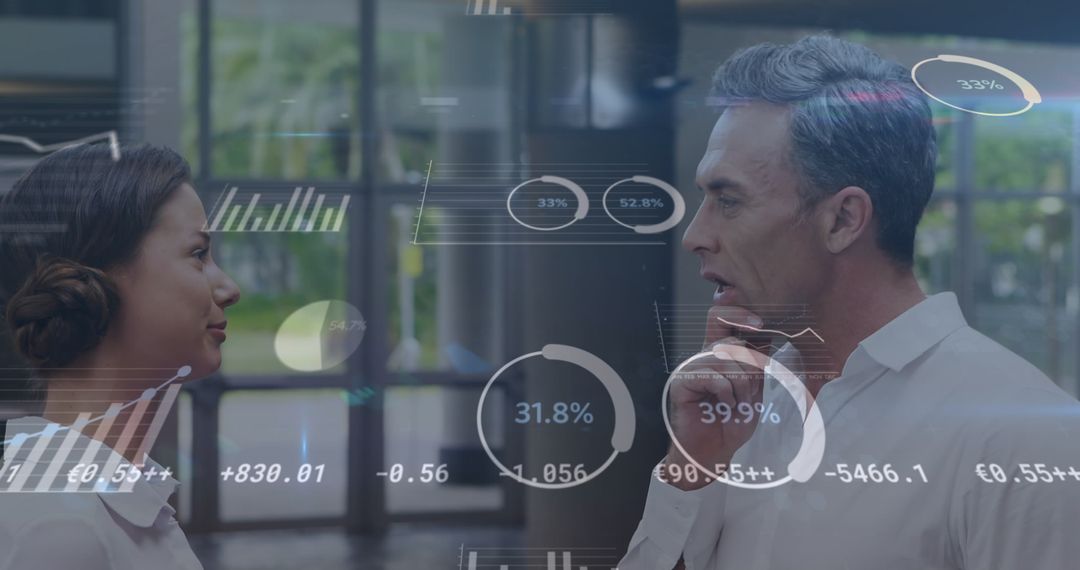 Businesspeople Engaging with Digital Financial Interface Overlay