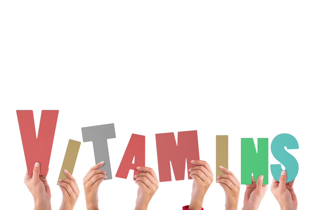 Hands Holding Colorful Vitamins Text on Transparent Background