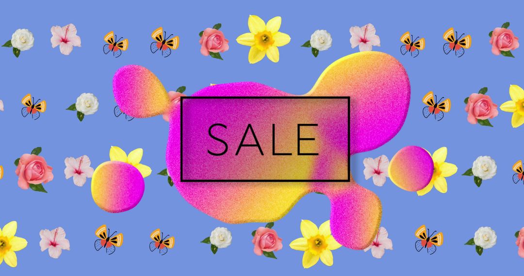 Vibrant Sale Banner with Flowers and Abstract Design Elements