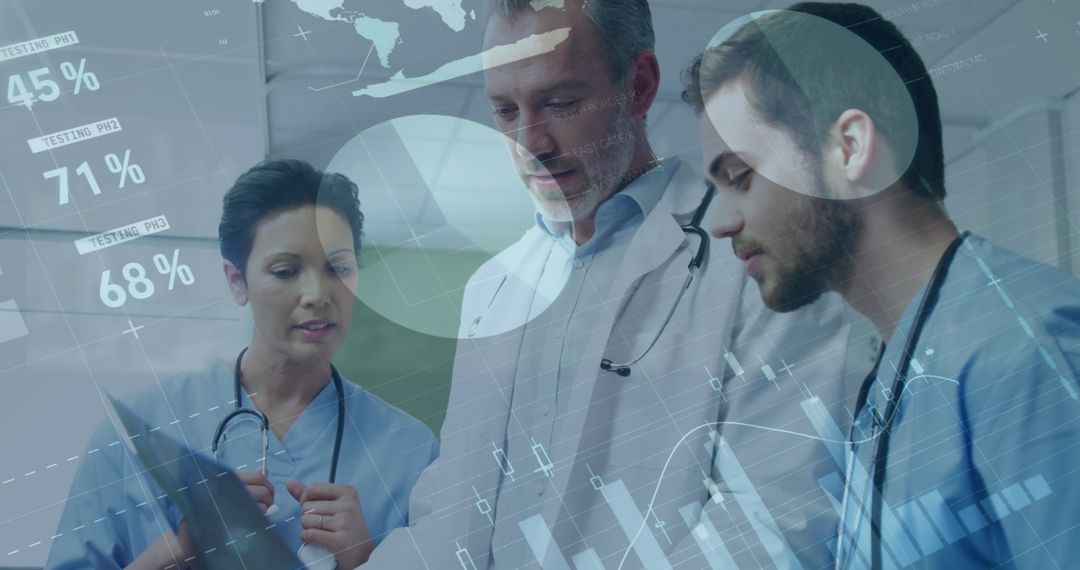 Doctors Analyzing X-Ray with Infographic Interface Overlay