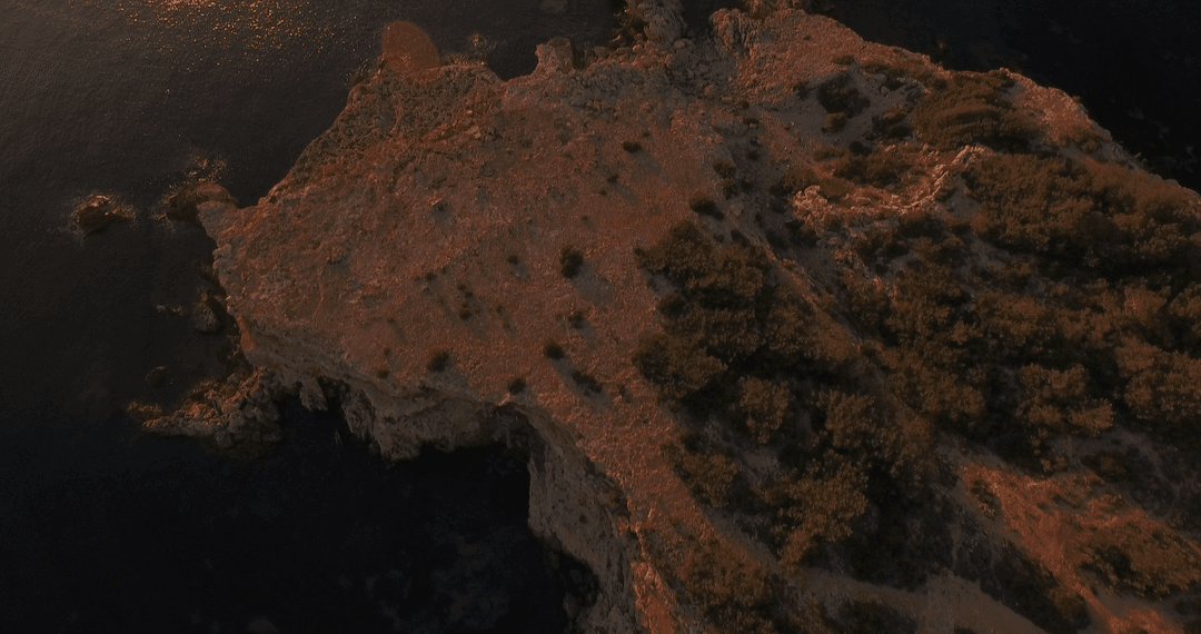 Aerial View of Rocky Coast During Sunset with Trees on Edge