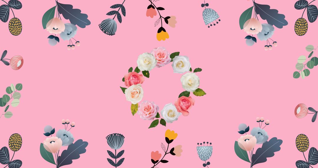 Floral Wreath with Botanical Elements on Pink Background