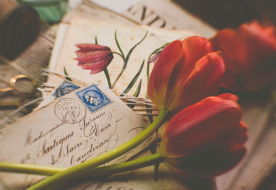 Vintage Letters and Red Tulips Create Timeless Elegance