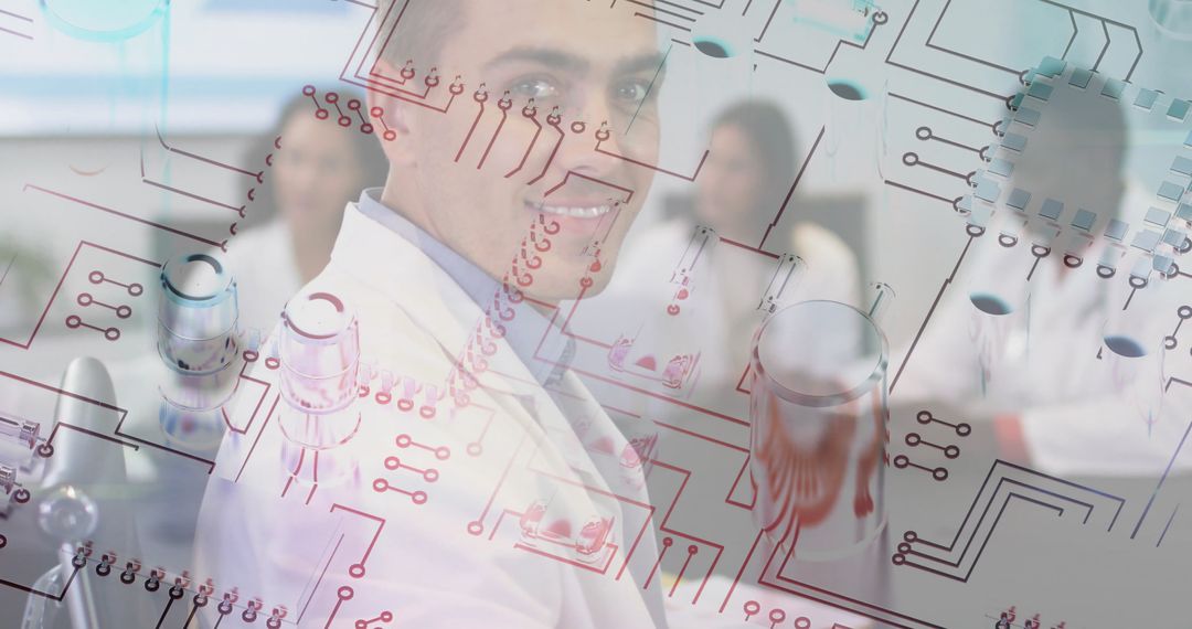 Scientists Interacting with Circuit Diagrams in Innovative Laboratory