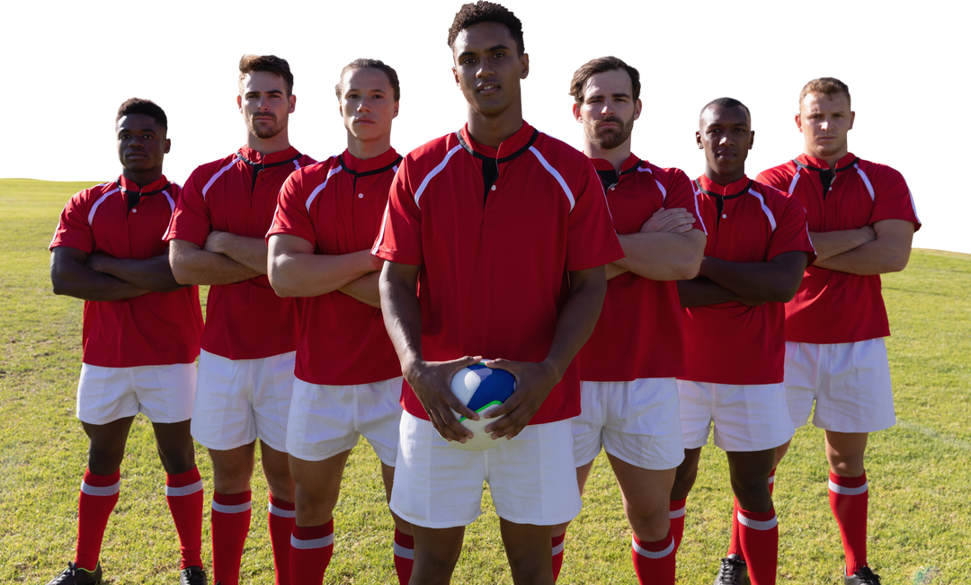 Diverse Male Rugby Team Standing Aligned on Field with Transparent Background - Download Free Stock Images Pikwizard.com