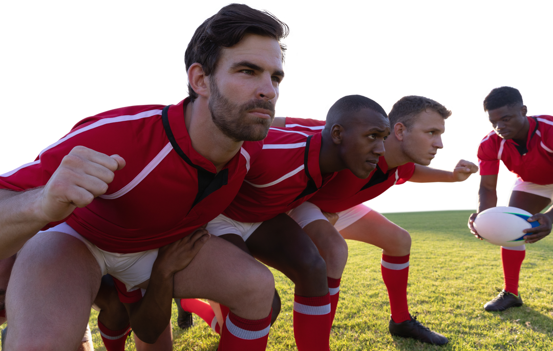 Transparent diverse rugby players in red jerseys preparing for scrum on field - Download Free Stock Images Pikwizard.com