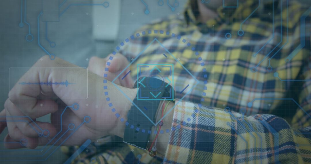 Man Using Smartwatch with Futuristic Digital Interface Overlay