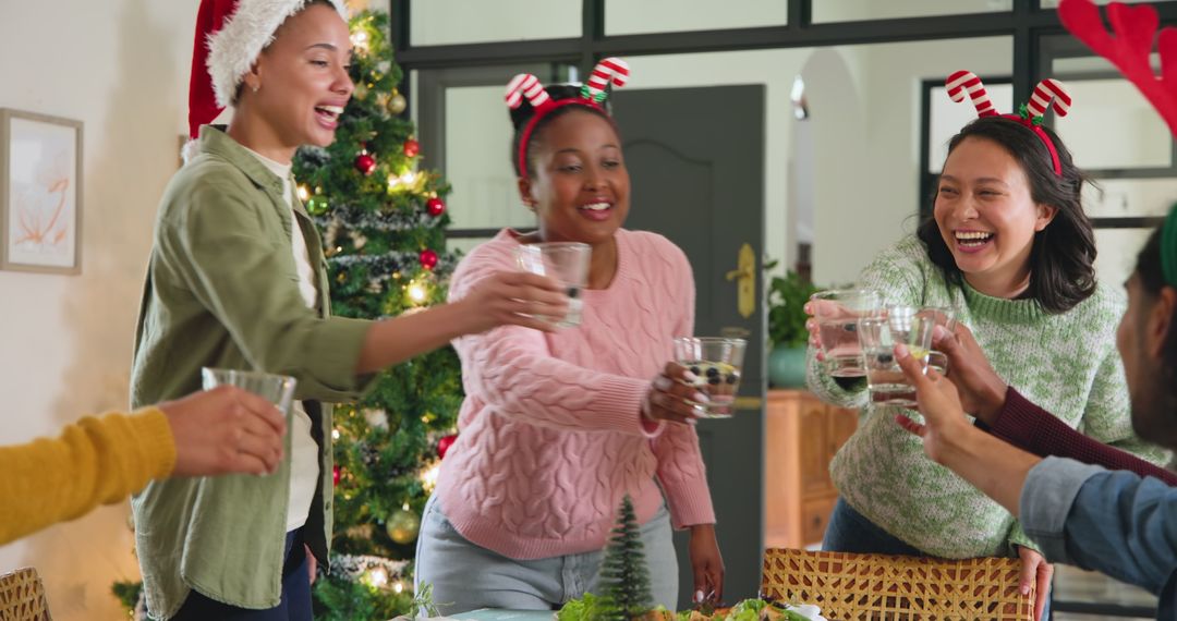 Diverse Friends Celebrating Christmas with Toast by Festive Tree