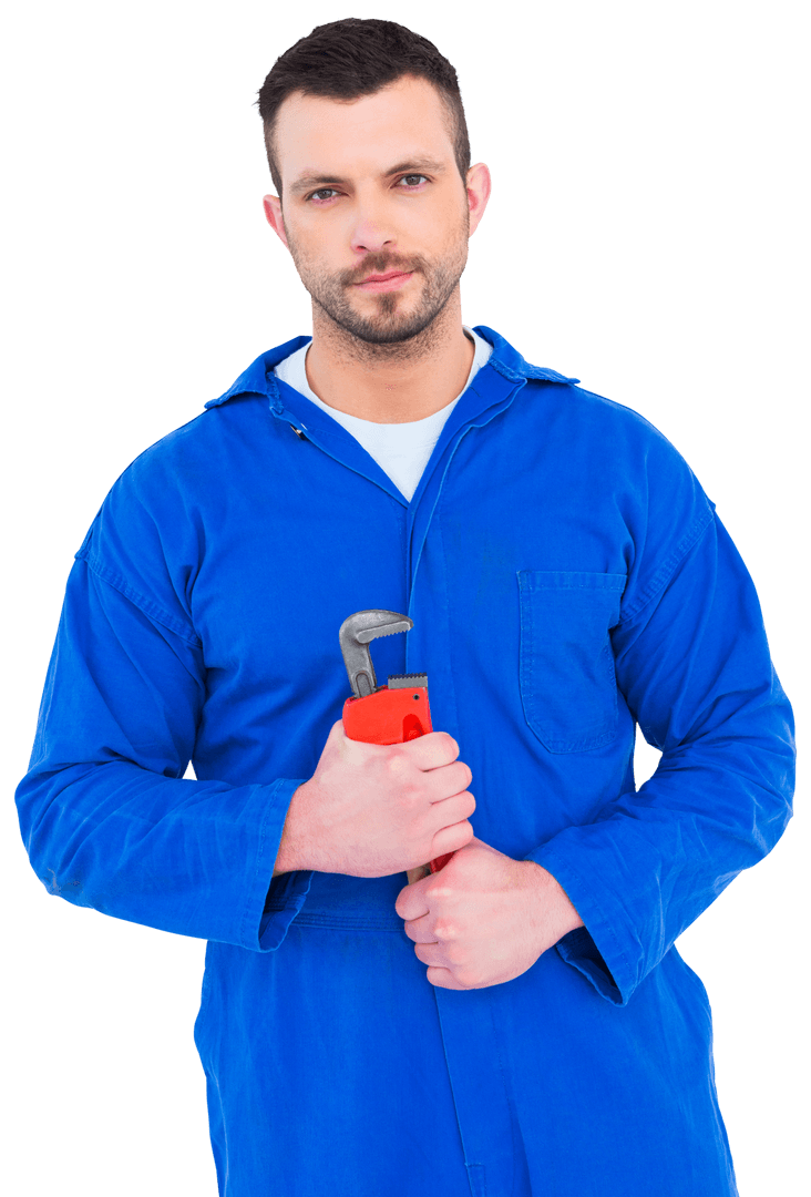 Transparent Happy Mechanic Holding Wrench in Blue Overalls
