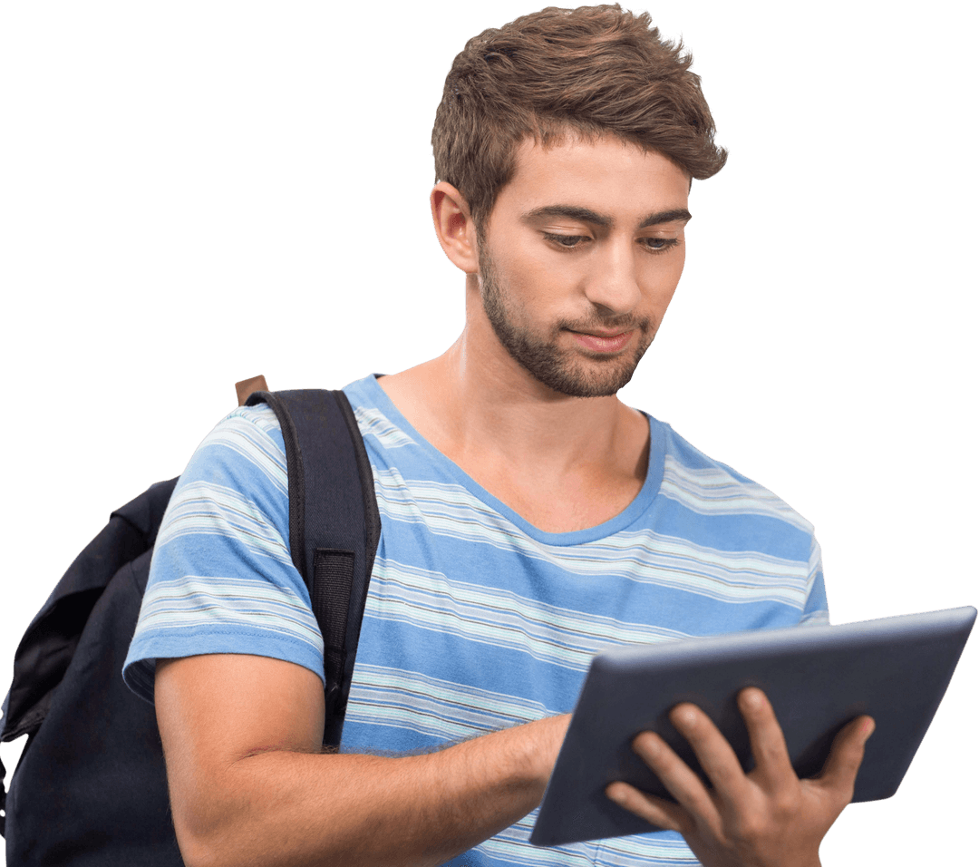 Transparent Young Man Using Tablet with Backpack