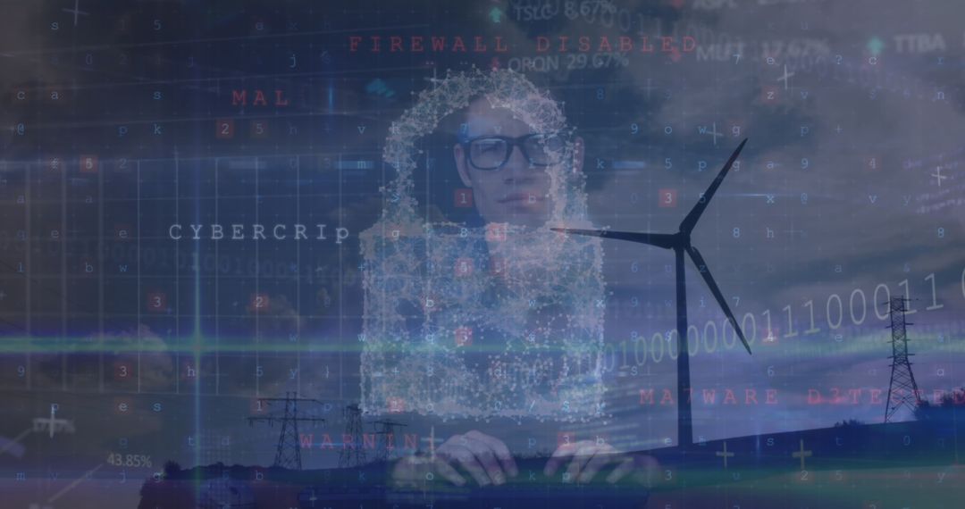 Hacker in Cyberspace Matrix with Wind Turbine Overlay