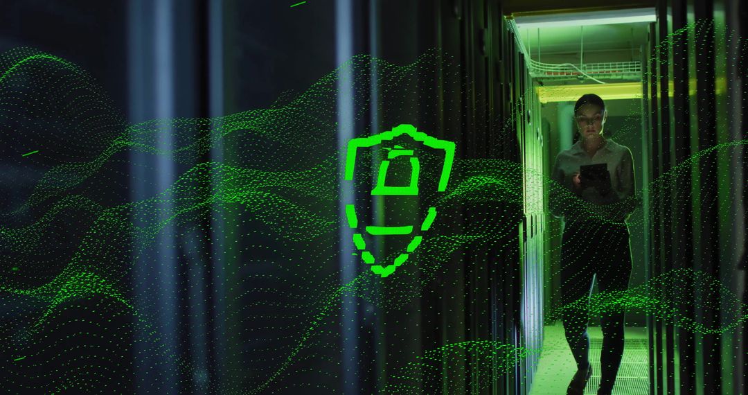 Caucasian Female IT Engineer Managing Computer Servers with Digital Security Overlay