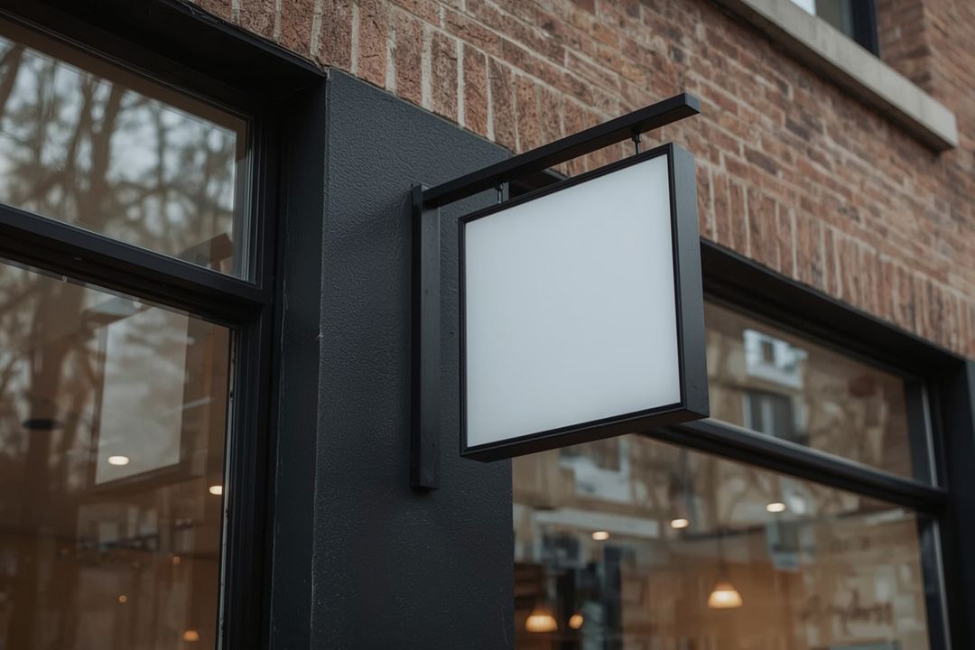 Blank Square Sign on Brick Storefront with Urban Local Vibe