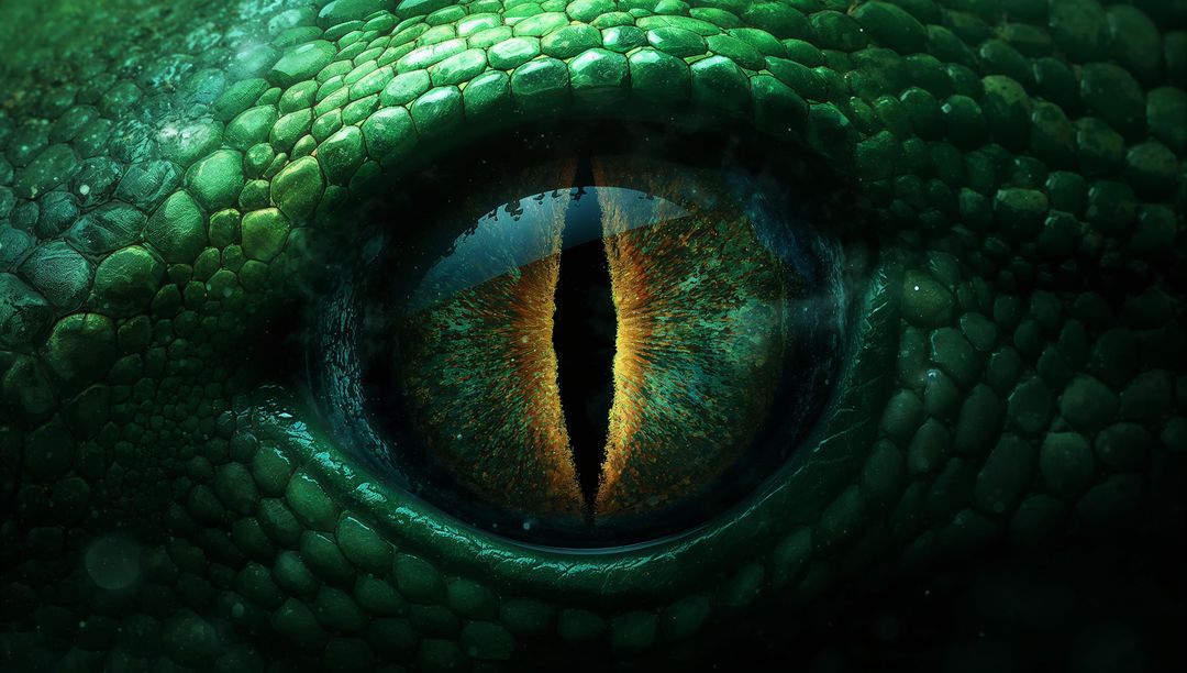 Emerald Reptile Eye Staring Closeup with Amber Vertical Pupil and Textured Scales
