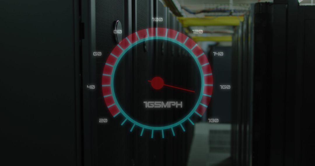 Digital Speedometer Overlay on Modern Server Room