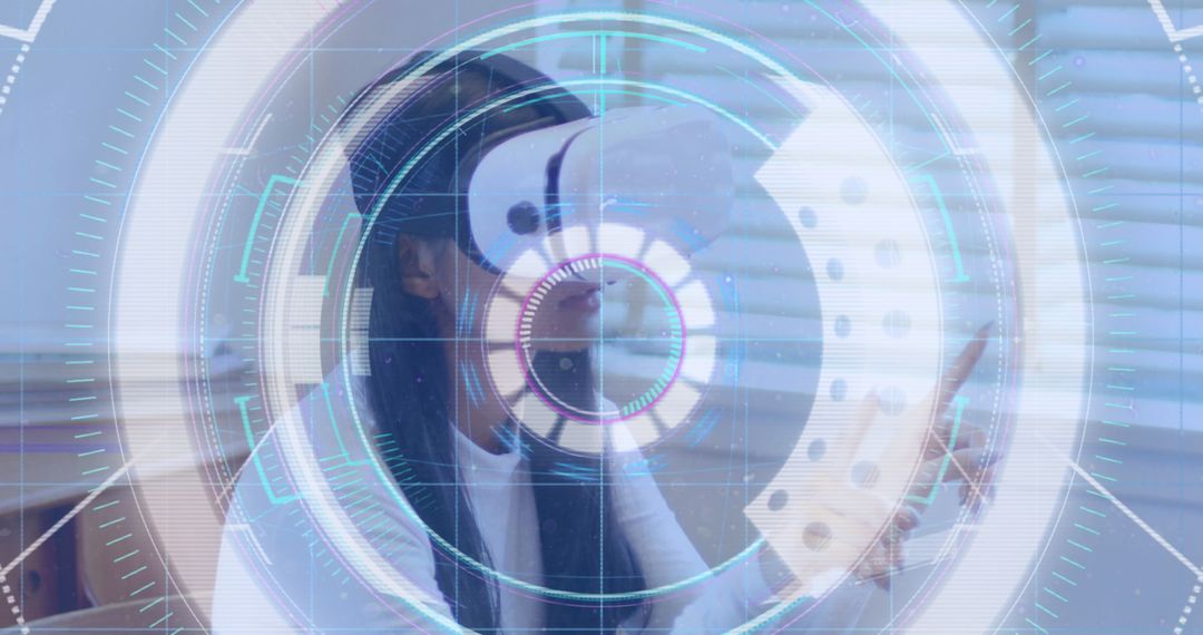 Woman Engaging Virtual Environment with Futuristic Technology Overlay