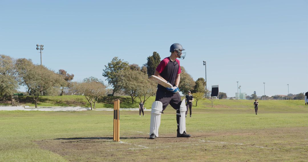 Cricket Batter Ready for Action on Sunlit Field