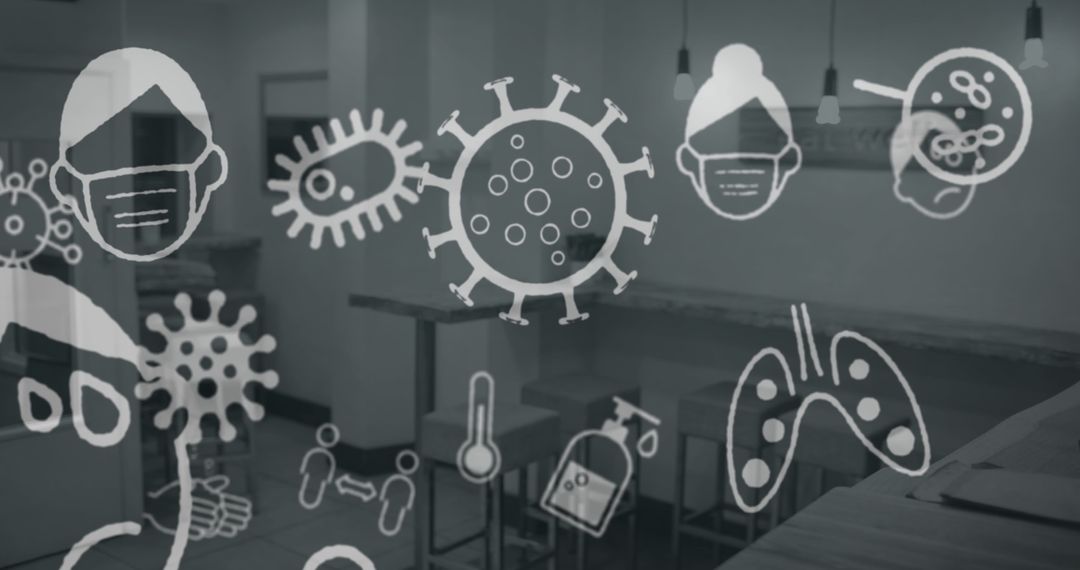 Covid-19 Icons Overlaying Empty Cafe Signifying Pandemic Impact