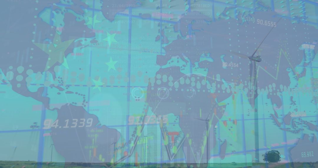 Global Financial Data Overlaid on Wind Turbines and World Map with China Flag