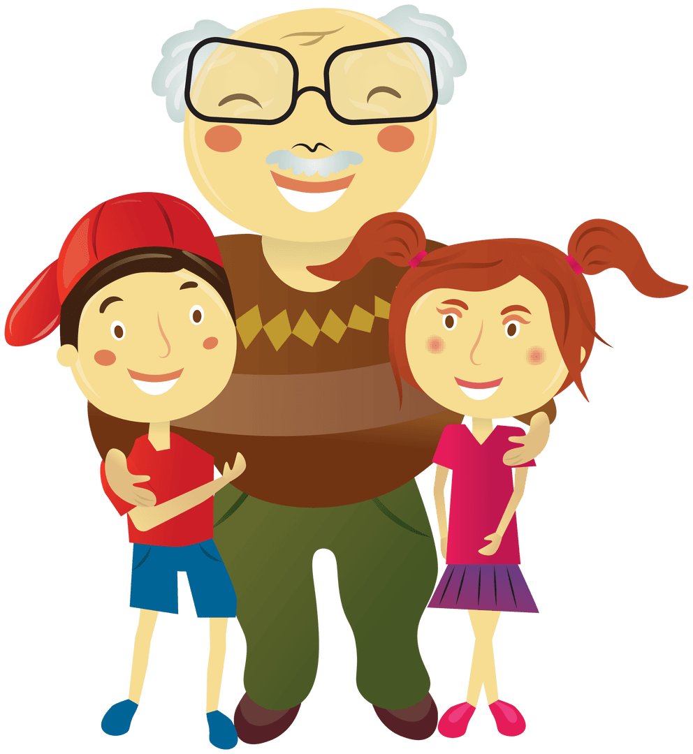 Smiling Grandfather with Grandchildren Digital Illustration Transparent