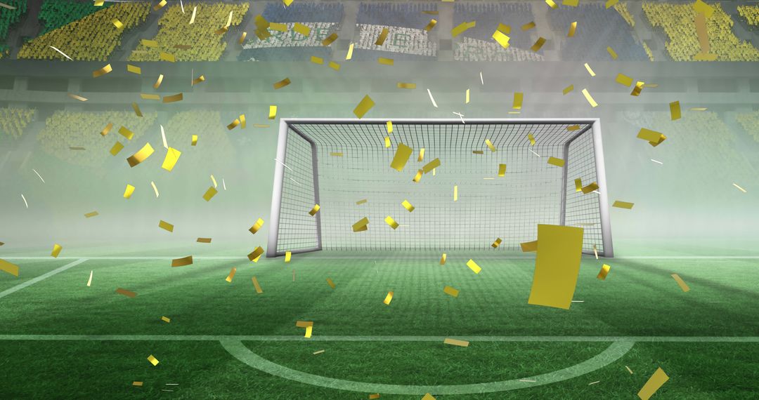 Golden Confetti Falling in Empty Soccer Stadium