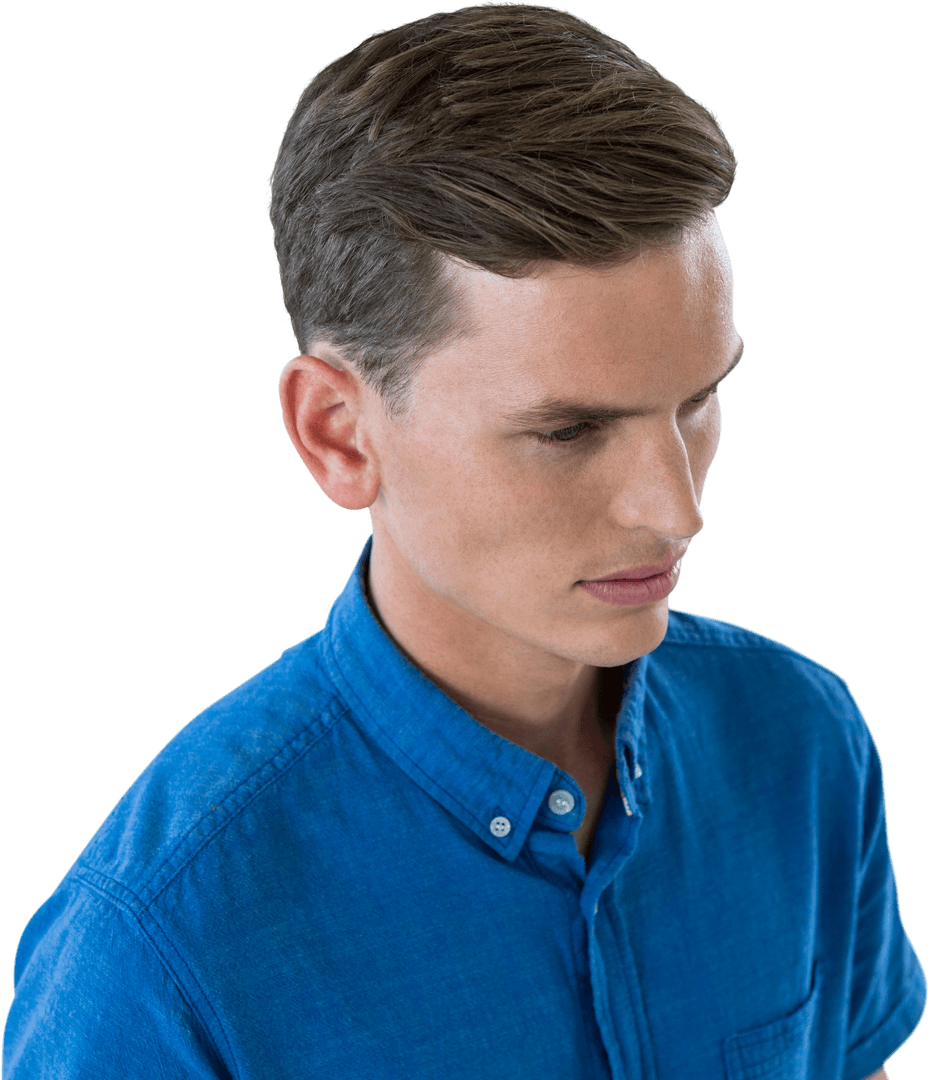 Thoughtful Young Man in Blue Shirt with Transparent Background