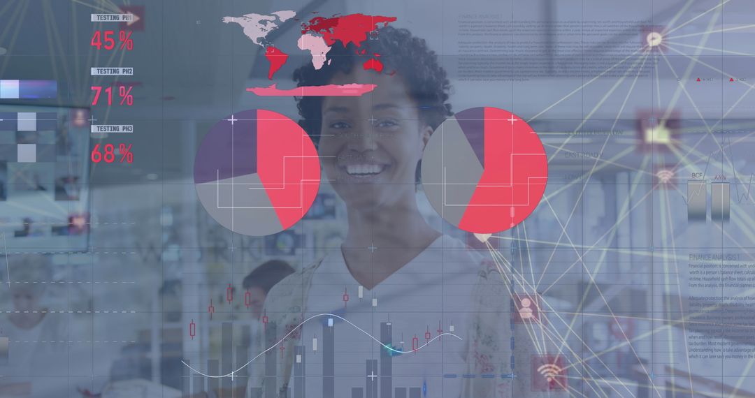 Confident Data Analyst in Modern Office with Analytics Graphics