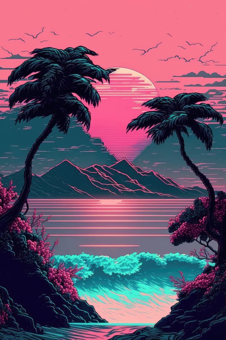 Vaporwave landscape with sea, sun and palm trees, created using generative ai technology - Free Images, Stock Photos and Pictures on Pikwizard.com
