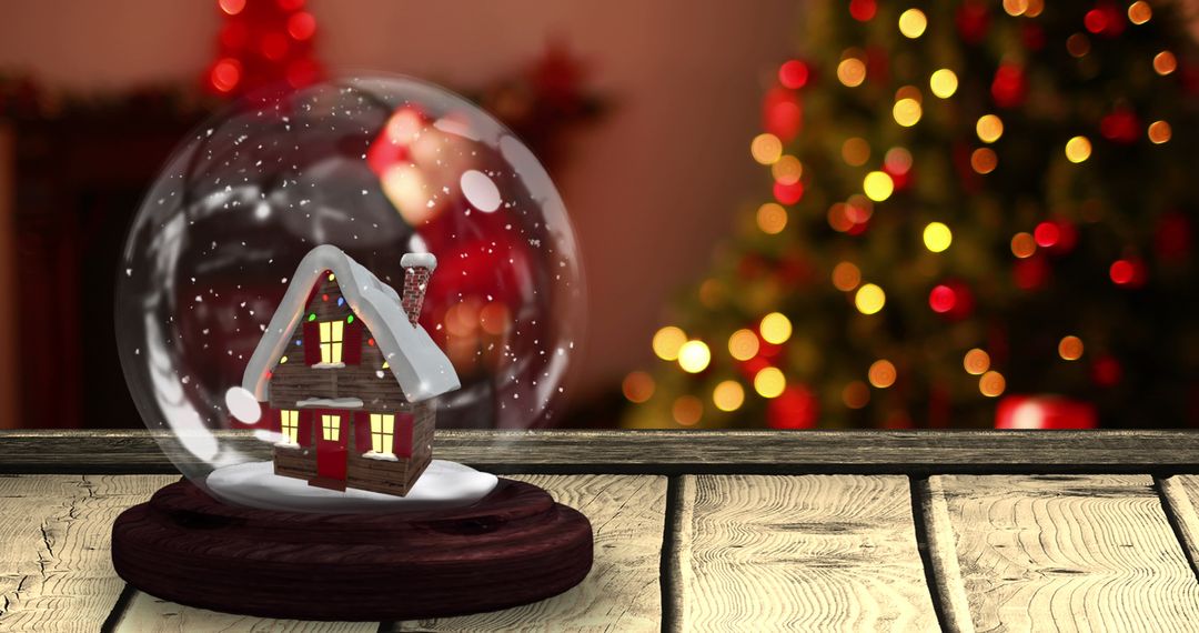 Christmas Snow Globe with House on Wooden Table