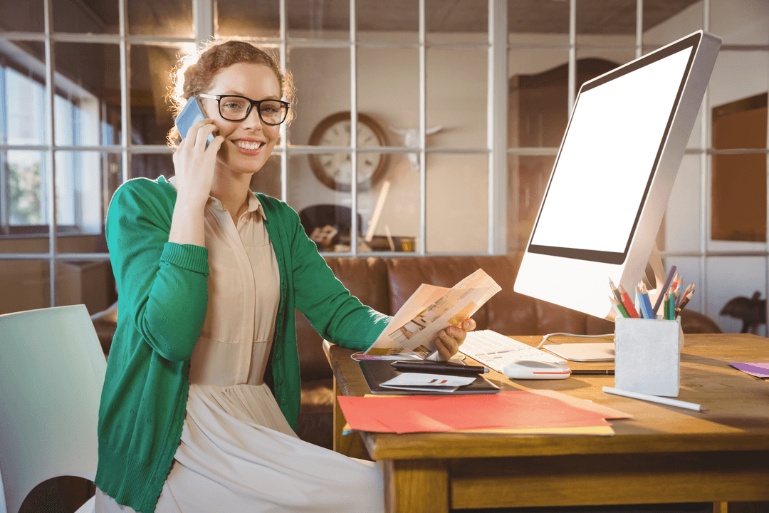 Professional Woman Talking on Phone with Transparent Screen at Desk