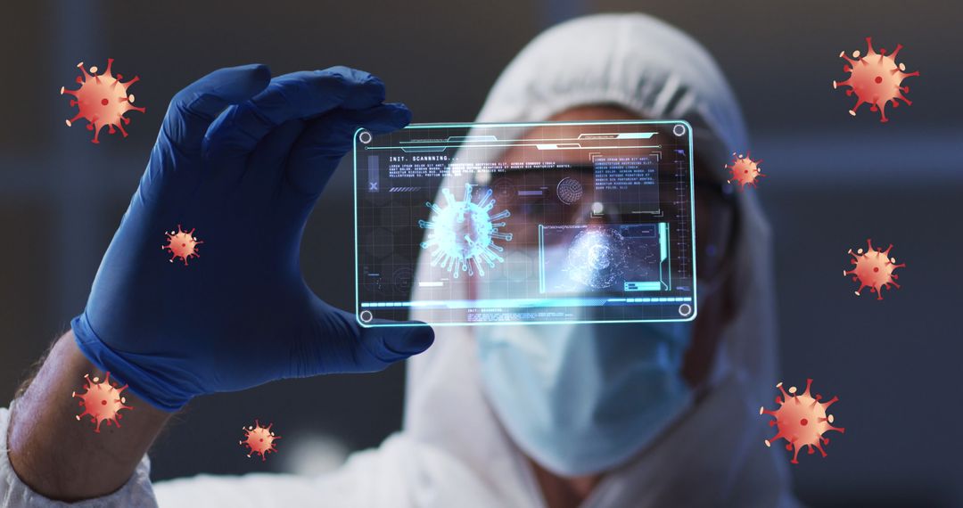 Scientist Analyzing Digital Display of Virus Cells with Protective Gear