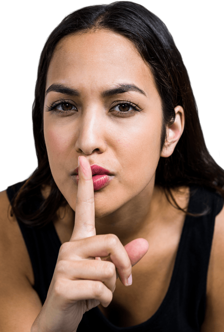 Transparent Close-Up Woman Gesturing Silence with Finger